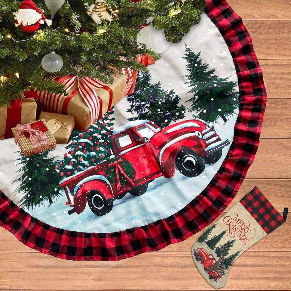 48 Inch Christmas Truck Tree Skirt Red Black Buffalo Plaid Christmas Tree Skirt